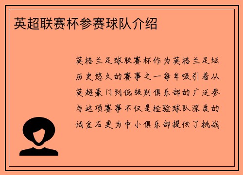 英超联赛杯参赛球队介绍