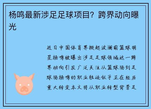 杨鸣最新涉足足球项目？跨界动向曝光
